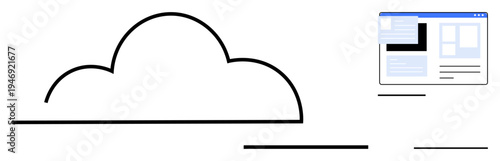 Cloud computing, data management, online storage, web technology, digital resources, IT solutions. Minimalist cloud icon connected to a computer interface. Cloud computing and data management concept