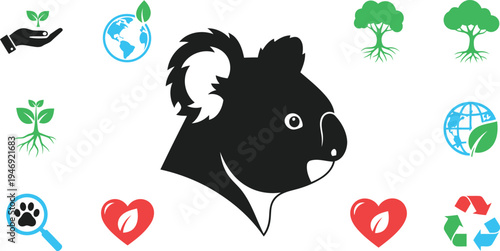 A black squirrel surrounded by eco friendly and nature inspired icons