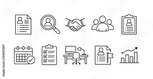 Minimal line icons set for human resources and business management, featuring resume, search, handshake, team, calendar, checklist, workspace, profile, and analytics