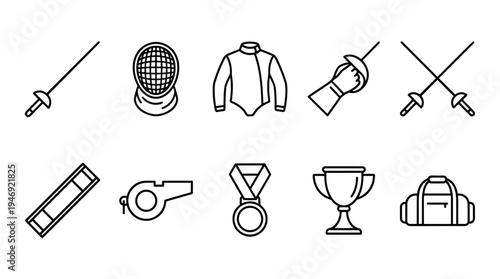 A collection of black outline icons representing fencing sports equipment, including swords, mask, jacket, glove, trophy, medal, and bag, perfect for victory and competition themes.