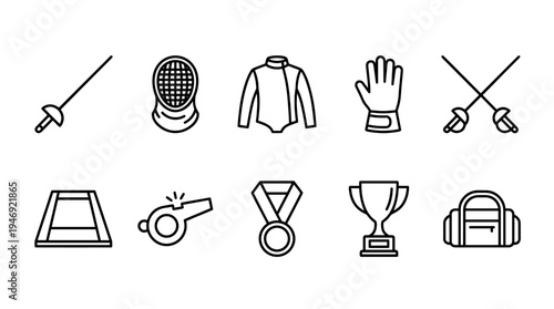 A collection of simple black line art icons representing fencing equipment, including swords, masks, uniforms, gloves, a mat, whistle, medal, trophy, and bag.