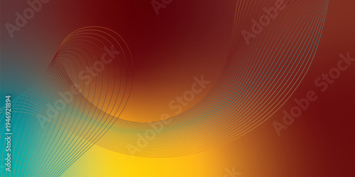 Glowing marron, yeallow, and LightSeaGreen flowing ribbons sweeping through a dark mysterious background scattered with tiny sparkling particles, futuristic digital tech style, vector illustration.