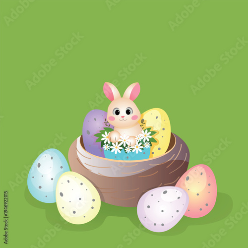 Cute Easter Bunny in Nest with Pastel Eggs – Spring Holiday Flat Vector Illustration