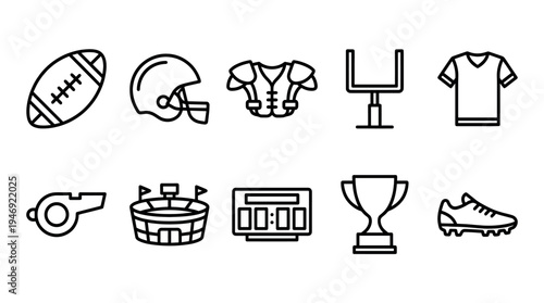 Collection of simplified outline icons representing American football equipment and elements including a ball, helmet, pads, goal, shirt, whistle, stadium, scoreboard, trophy, and shoe.