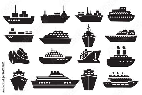 Set of vector ship icons including cargo ships sailboats yachts and other marine vessels on sea theme illustration