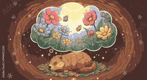 Tableau sur toile Dreaming Bear Surrounded by Vibrant Flowers and Nature.