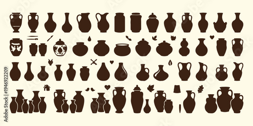 Ancient pottery and greek vase silhouettes, antique ceramic vessels pattern art, historical archeology pottery vector, mediterranean rustic jars and urns, classical pottery design background texture, 