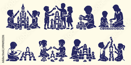 Children playing with building blocks silhouette, kids education and play pattern, childhood development and creativity vector, little boy and girl playing, kindergarten playroom activity background a