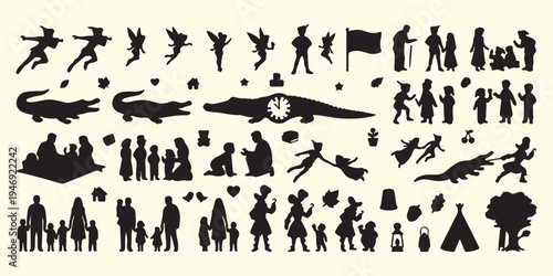 Fantasy fairy tale and adventure silhouettes, mythical creatures and magic pattern, Peter Pan and crocodile vector, dreamland adventure story background art, mystical fairies and folklore silhouettes,