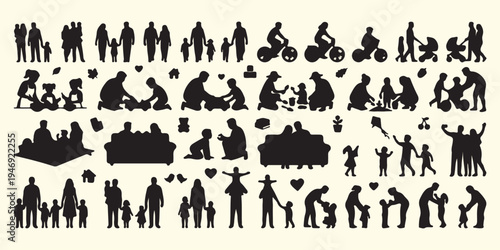 Family social life silhouettes, people community lifestyle pattern, children and parents activity background, social gathering people vector art, family bonding moments silhouette, everyday life socia