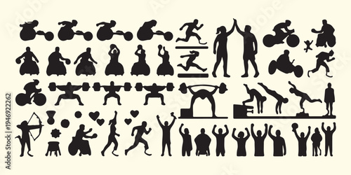 Sports fitness activity silhouettes, athletic training exercise pattern, gym workout athlete vector art, running and weightlifting silhouettes, healthy lifestyle sports background, competitive athlete