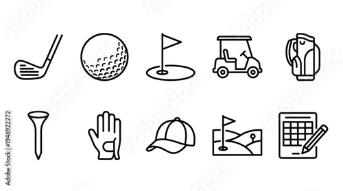 A minimalist black and white line art collection of golf-related icons, including a club, ball, tee, glove, hat, cart, bag, hole, course, and scorecard.