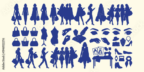 Diverse fashion lifestyle figures, group of people silhouettes, everyday activity social background, women in different poses pattern, creative lifestyle figure vector art, modern people activity silh