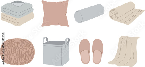 Cozy Scandinavian textile comfort elements with throw blanket sofa cushion bolster pillow area rug woven pouf house slippers in pale grey oatmeal muted blush for soft home design