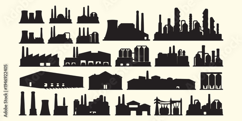 Industrial factory warehouse silhouettes, manufacturing plant urban landscape pattern, industrial building skyline vector art, smoke stack factory silhouette background, logistics and manufacturing fa