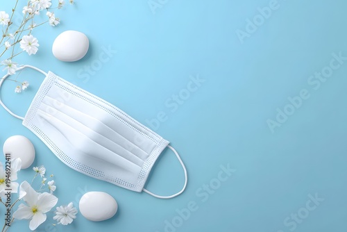 Medical Face Mask Surrounded by White Flowers and Eggs on Blue Background