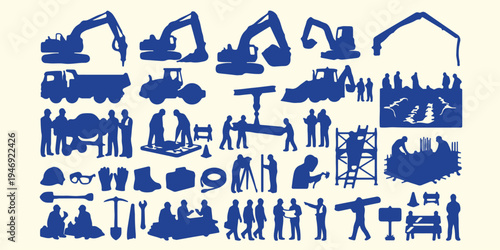 Heavy construction machinery silhouettes, industrial building site equipment pattern, excavator and bulldozer vector art, worker silhouette construction background, engineering and machinery seamless 