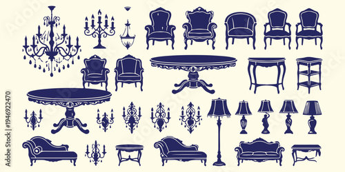 Vintage luxury furniture silhouettes, antique home decor interior pattern, classical royal furniture vector art, baroque style armchair and chandelier, elegant interior design element background, vict