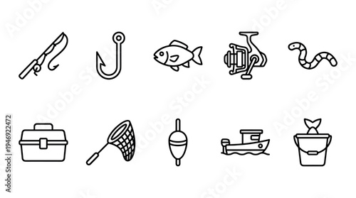 A clean line art collection of ten essential fishing icons including a rod, hook, fish, reel, worm, tackle box, net, bobber, boat, and bucket.