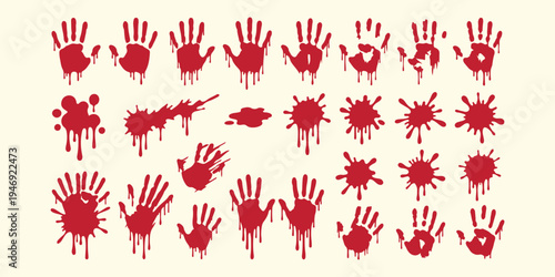 Red bloody handprint horror pattern, creepy halloween hand print background, scary blood splatter handprint vector, crime scene bloody texture art, horror movie thriller design elements, spooky murder