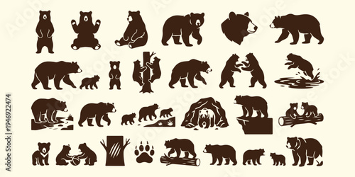 Grizzly bear wildlife silhouette pattern, wild animal nature forest background, brown bear family life sketch, outdoor adventure wildlife vector art, forest predator animal silhouette texture, grizzly