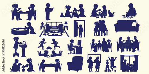 Kids indoor play and activity silhouettes, children reading and playing pattern, family home life background art, student study and play vector, diverse kids activity silhouettes, kindergarten playroo