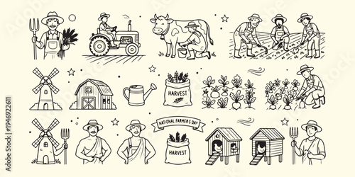 Organic farm and agriculture life, hand drawn farmer and tractor, fresh vegetables and cows sketch, farm harvest and livestock vector, rural country life garden art, agricultural farming and barn dood