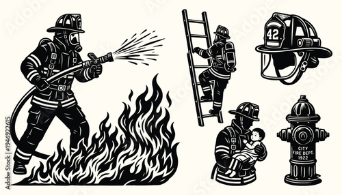 Firefighter set black and white vintage woodcut illustration
