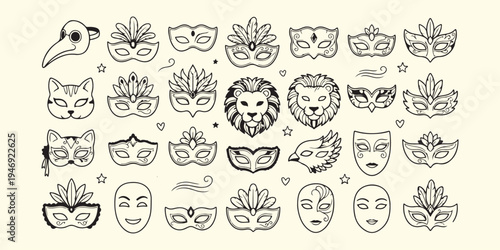 Carnival masks and theater icons, Masquerade party decorative pattern, Venetian festival line art doodles, Lion and animal mask symbols, Celebration and event decor graphics, Mystery and performance a