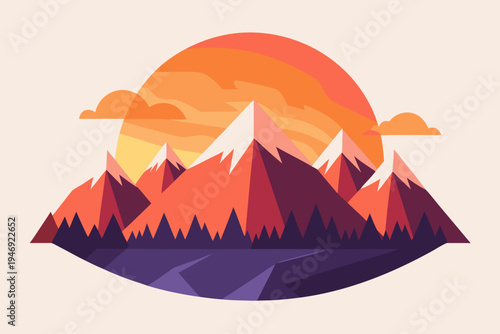 This captivating vector graphic illustration presents a stunning mountain landscape with snow-capped peaks, a serene lake, and a vibrant sunset, ideal for nature-themed designs.