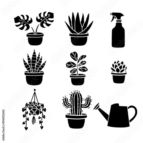 house plants solid silhouette icons set minimalist black botanical shapes for web and graphic design vector