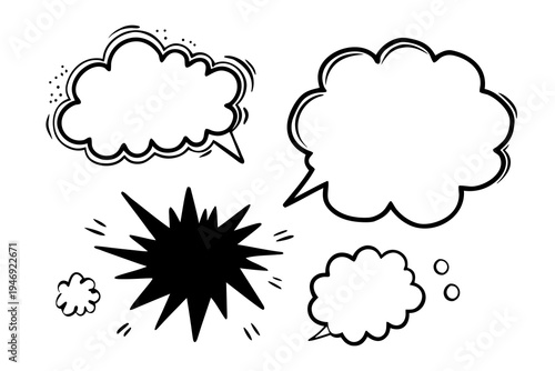 A collection of doodle style vector comic speech and thought bubbles with an explosive graphic for dynamic communication design