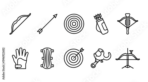 A clean, minimalist set of black line art icons representing various archery equipment, perfect for graphic design and sports-related projects.