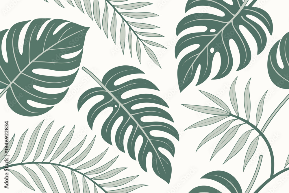 Fototapeta premium A captivating seamless vector illustration of lush tropical foliage featuring monstera and palm leaves, creating an elegant natural graphic design background.