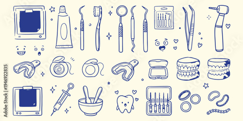 Dental care and hygiene icons, dentist tools and toothbrush sketch, healthy smile and tooth doodle, professional dental clinic equipment vector, oral hygiene and teeth cleaning, dental medicine and he