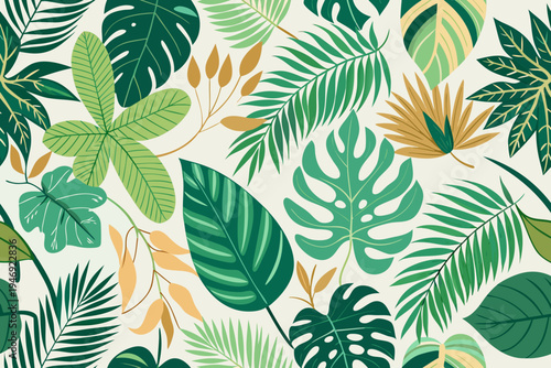 A beautiful seamless vector illustration featuring an assortment of lush tropical leaves and exotic plants creating a vibrant decorative pattern design perfect for summer backgrounds.