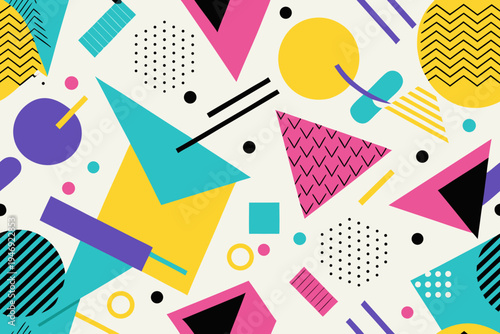 Vibrant retro memphis style vector graphic illustration with an abstract geometric seamless pattern featuring colorful shapes and playful elements, perfect for diverse design applications.