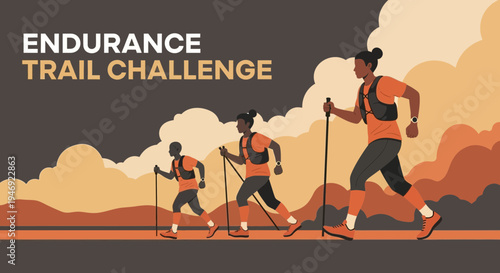 Endurance Trail Challenge Participants Hiking on Scenic Route Promoting Outdoor Activities