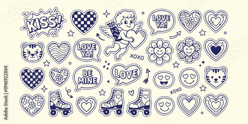 Romantic Valentine cupid pattern, cute love hearts and angels, hand drawn romantic love letters, Valentine's day heart and flower, cupid angel and love message, romantic celebration wedding pattern ar