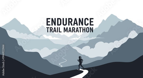 Endurance Trail Marathon Race, Mountainous Terrain Landscape Design And Runner Silhouette