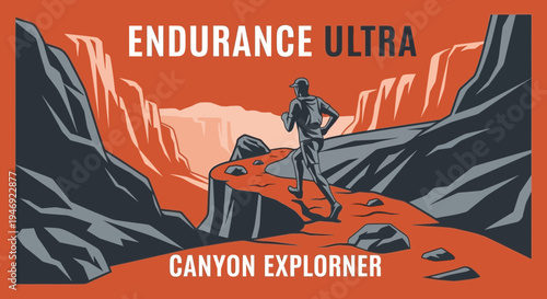Endurance Ultra Runner Exploring Rugged Canyon Terrain in Striking Graphic Style