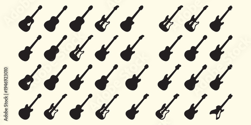 Electric guitar musical pattern, rock and roll music background, acoustic guitar silhouette seamless texture, musical instrument band performance art, guitar player hobby lifestyle pattern, rock music