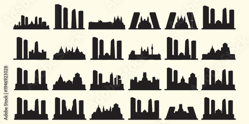 Global city skyline silhouettes, urban landscape architecture pattern art, world famous monuments skyline vector, metropolitan city building silhouette background, international travel city landmarks 