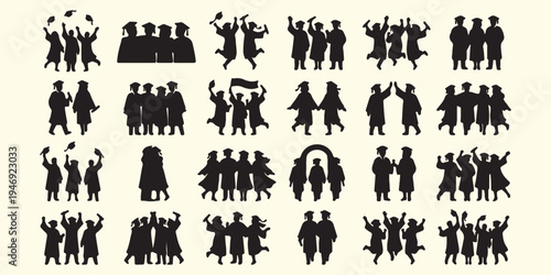 Student graduation celebration silhouettes, group of graduates jumping party, college degree success ceremony art, university graduation gowns and caps, happy academic achievement social pattern, grad