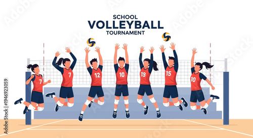 Energetic Athletes Competing in a Volleyball Match During a School Volleyball Tournament