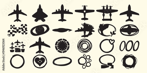 Aviation and airplane silhouettes set, commercial jet and fighter plane, military aircraft and propeller plane, airport transport and flight icons, global travel aerospace silhouette art, airplane fly