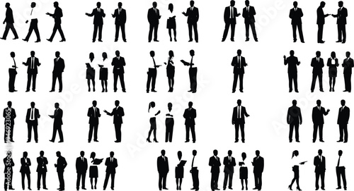 Business people silhouettes collection in meeting and discussion poses, professional men and women isolated on white background corporate teamwork