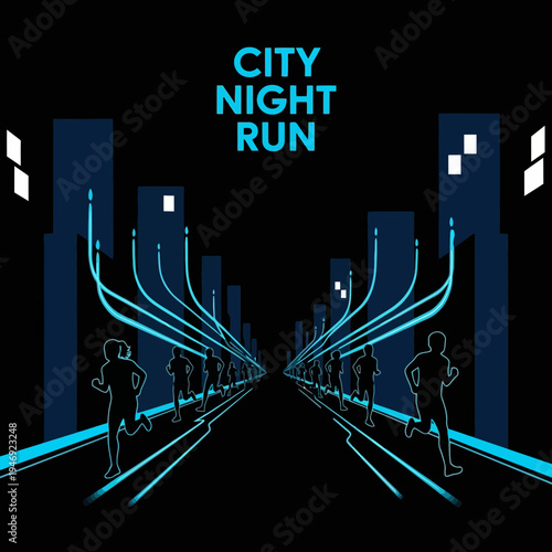 Energetic City Night Run Silhouette Featuring Futuristic Lines and Building Shapes Illustration