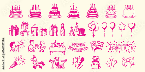 Birthday party celebration pattern, happy birthday cake and gifts, hand drawn festive party background, celebration balloons and confetti vector, birthday party event design elements, festive holiday 