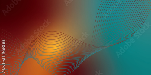 Glowing marron, yeallow, and LightSeaGreen flowing ribbons sweeping through a dark mysterious background scattered with tiny sparkling particles, futuristic digital tech style, vector illustration.